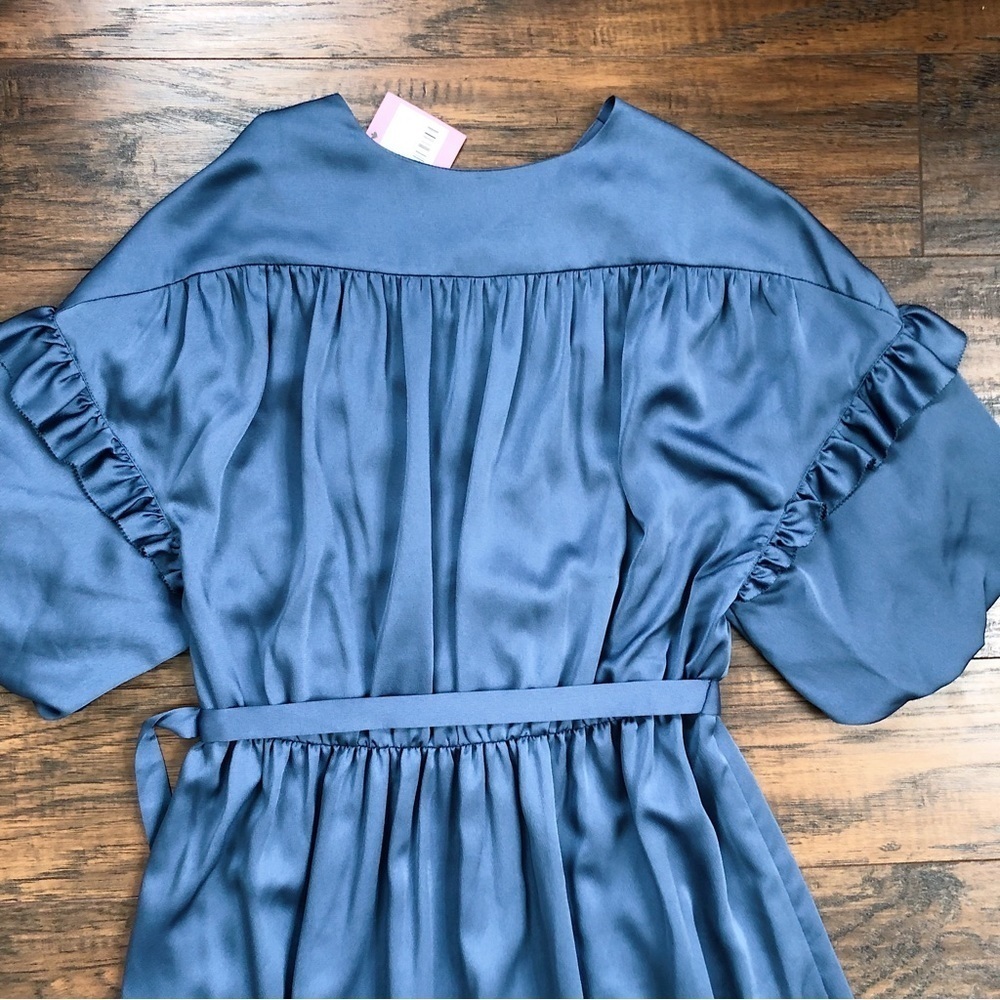 Kate Spade • Belted Satin Midi Dress ruffle trim short sleeve Antique Blue - Picture 13 of 16